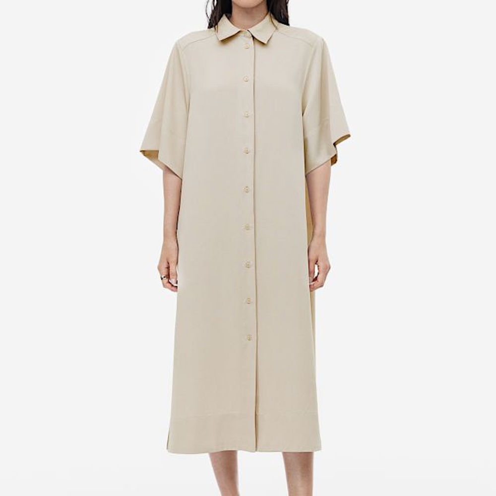 H&M MIDI SHIRT DRESS KIMONO SLEEVES RELAXED FIT BELTED Beige - Picture 4 of 14